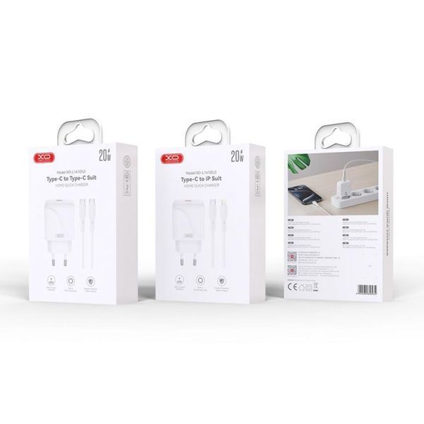 Мережевий зарядний пристрій (адаптер) 2в1 XO L141 PD_20W + Data Cable Type-C to Type-C white mzp-xo-l141-wh-2 фото