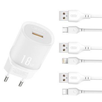 Мережевий зарядний пристрій (адаптер) 2в1 XO L157 1USB/QC3.0/18W + Data Cable USB to Lightning white mzp-xo-l157-wh-1 фото