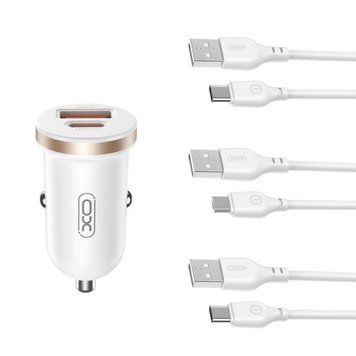 Автомобільний зарядний пристрій (адаптер) 2в1 XO CC56 PD_3A / QC3.0_3A / 30W Max + Data Cable USB to Lightning white azp-xo-cc56-bl фото