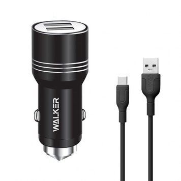 Автомобільний зарядний пристрій (адаптер) 2в1 WALKER WCR-21 2USB 1.0А / 2.4A + Data Cable USB to Type-C black azp-walk-wcr21/2-bl фото