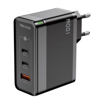 Мережевий зарядний пристрій (адаптер) WALKER WH-47 100W GAN PD1_65W / PD2_35W / QC3.0_18W black mzp-wal-wh47-bl фото