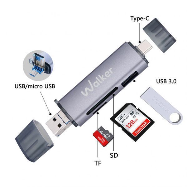 Кардрідер 6в1 WALKER WCD-83 (вихід USB/Micro, Type-C) grey Reader_Walker_wcd83 фото