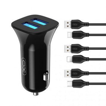 Автомобільний зарядний пристрій (адаптер) 2в1 XO TZ10 2USB / 2.4A / 12W + Data Cable USB to Micro black azp-xo-tz10/1-bl фото