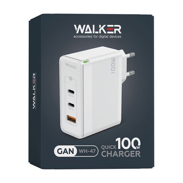 Мережевий зарядний пристрій (адаптер) WALKER WH-47 100W GAN PD1_65W / PD2_35W / QC3.0_18W white mzp-wal-wh47-wh фото