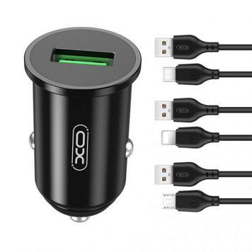 Автомобільний зарядний пристрій (адаптер) 2в1 XO TZ12 1USB / QC3.0 / 3A / 18W + Data Cable USB to Type-C black azp-xo-tz12/2-bl фото