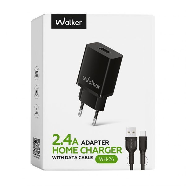 Мережевий зарядний пристрій (адаптер) 2в1 WALKER WH-26 1USB / 2.4A + Data Cable USB to Lightning black mzp-wal-wh26-bl-1 фото