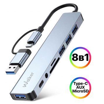 Перехідник USB-хаб 8в1 WALKER WHUB-53 з роз'ємом USB/Type-C grey cab-hub-walk-whub53-gr фото