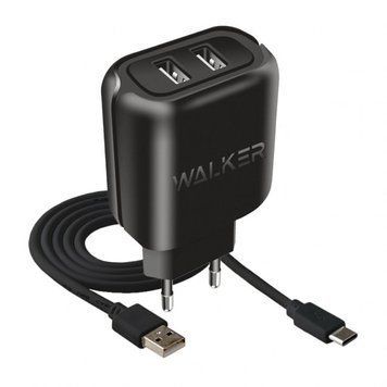 Мережевий зарядний пристрій (адаптер) 2в1 WALKER WH-27 2USB / 2.1A + Data Cable USB to Type-C black mzp-wal-wh27-bl-1 фото