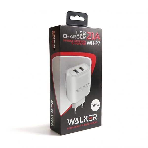Мережевий зарядний пристрій (адаптер) 2в1 WALKER WH-27 2USB / 2.1A + Data Cable USB to Type-C white mzp-wal-wh27-wh фото
