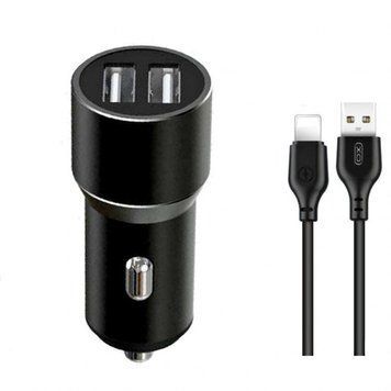 Автомобільний зарядний пристрій (адаптер) 2в1 XO TZ09 2USB / 2.4A / 12W + Data Cable USB to Lightning black azp-xo-tz09-bl фото
