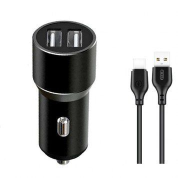 Автомобільний зарядний пристрій (адаптер) 2в1 XO TZ09 2USB / 2.4A / 12W + Data Cable USB to Type-C black azp-xo-tz09/2-bl фото
