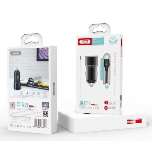 Автомобільний зарядний пристрій (адаптер) 2в1 XO TZ09 2USB / 2.4A / 12W + Data Cable USB to Type-C black azp-xo-tz09/2-bl фото