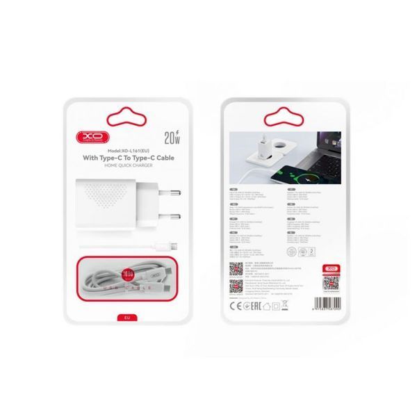 Мережевий зарядний пристрій (адаптер) XO L161 PD_20W / QC3.0_18W + Data Cable Type-C to Type-C white mzp-xo-l161-wh-1 фото