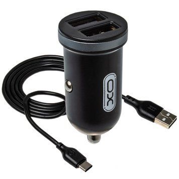 Автомобільний зарядний пристрій (адаптер) 2в1 XO TZ08 2USB / 2.1A + Data Cable USB to Type-C black azp-xo-tz08/2-bl фото