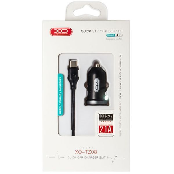 Автомобільний зарядний пристрій (адаптер) 2в1 XO TZ08 2USB / 2.1A + Data Cable USB to Type-C black azp-xo-tz08/2-bl фото