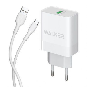 Мережевий зарядний пристрій (адаптер) 2в1 WALKER WH-35 1USB / QC3.0 / 3A / 18W + Data Cable USB to Micro white mzp-wal-wh35-wh-2 фото